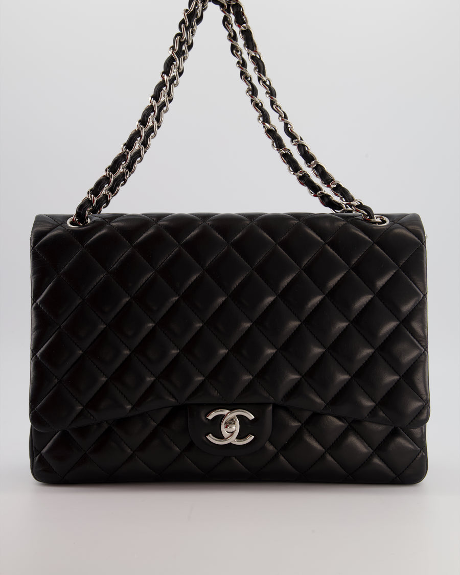 *FIRE PRICE* Chanel Black Maxi Classic Double Flap Bag in Lambskin Leather with Silver Hardware