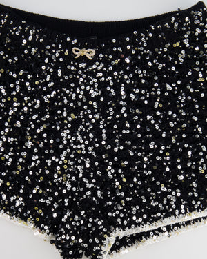Chanel Spring 2023 Black Sequin Embellished Crocheted Shorts with Silver Crystal Embellished Bow Detail Size FR 38 (UK 10)