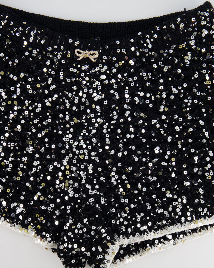 Chanel Spring 2023 Black Sequin Embellished Crocheted Shorts with Silver Crystal Embellished Bow Detail Size FR 38 (UK 10)
