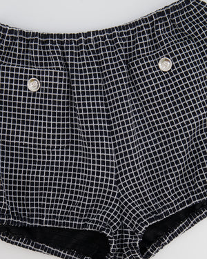 Chanel Black and White Checkered Micro Shorts with Silver Metallic Details and Silver CC Logo Buttons Size FR 36 (UK 8)