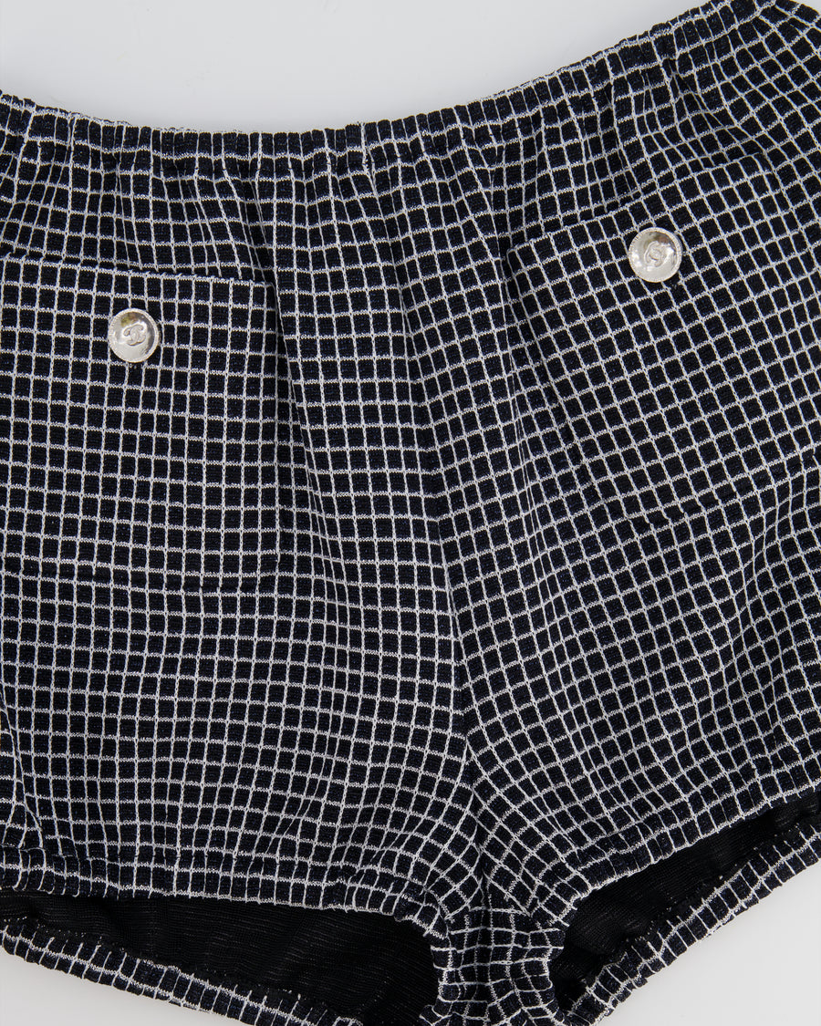 Chanel Black and White Checkered Micro Shorts with Silver Metallic Details and Silver CC Logo Buttons Size FR 36 (UK 8)
