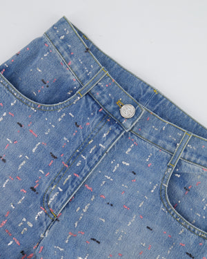 Chanel Métiers d'Art 2023 Denim Patchwork Jeans with Pink, Silver and Black Micro Sequin Details and Silver CC Logo Button Size FR 34 UK 6