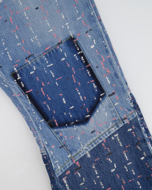 Chanel Métiers d'Art 2023 Denim Patchwork Jeans with Pink, Silver and Black Micro Sequin Details and Silver CC Logo Button Size FR 34 UK 6