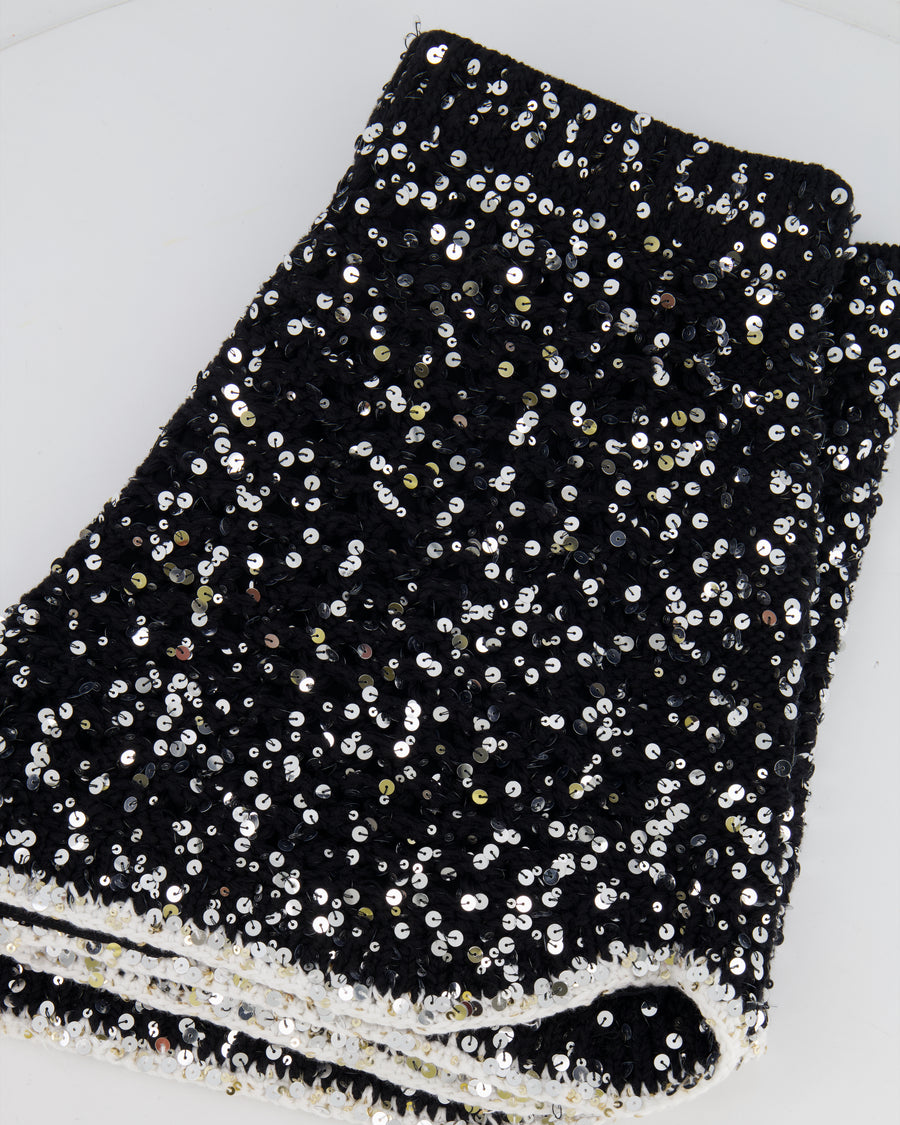 Chanel Spring 2023 Black Sequin Embellished Crocheted Shorts with Silver Crystal Embellished Bow Detail Size FR 38 (UK 10)
