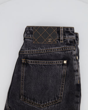 Chanel Dark Grey Boot-Cut Jeans with Crystal Logo Detail and Champagne Gold CC Logo Button Size FR 36 (UK 8)