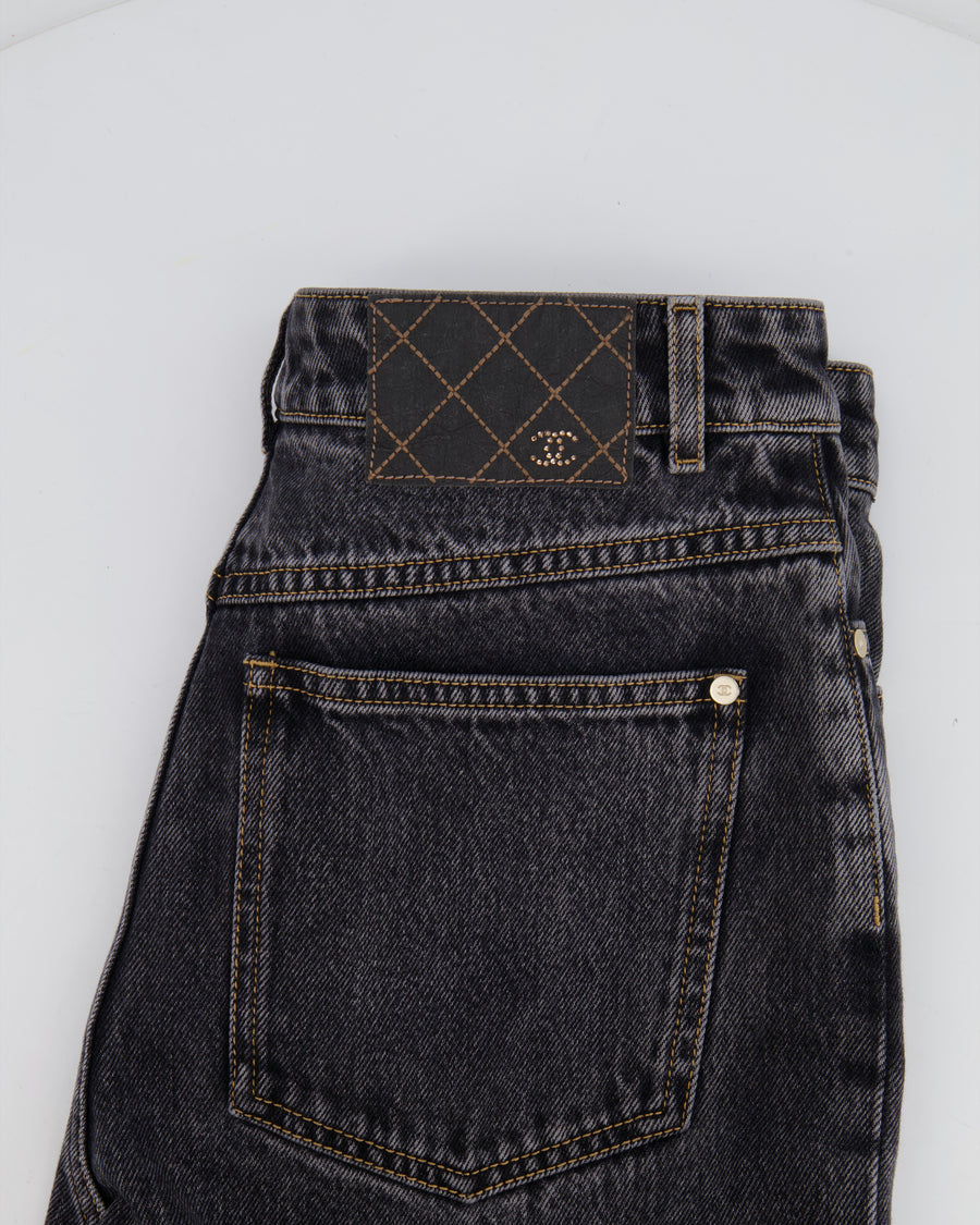 Chanel Dark Grey Boot-Cut Jeans with Crystal Logo Detail and Champagne Gold CC Logo Button Size FR 36 (UK 8)