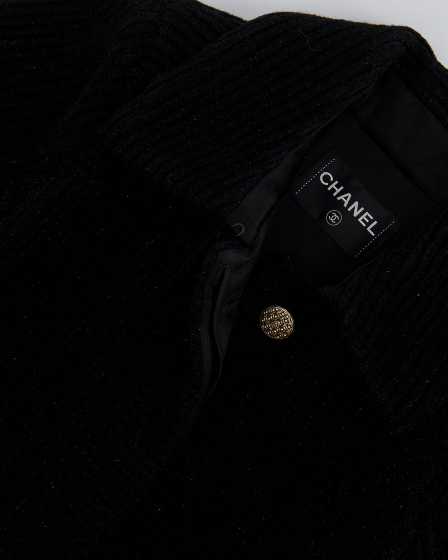 Chanel Black Shimmery Wool Long Coat with Gold CC Logo Buttons Size FR 34 (UK 6)
