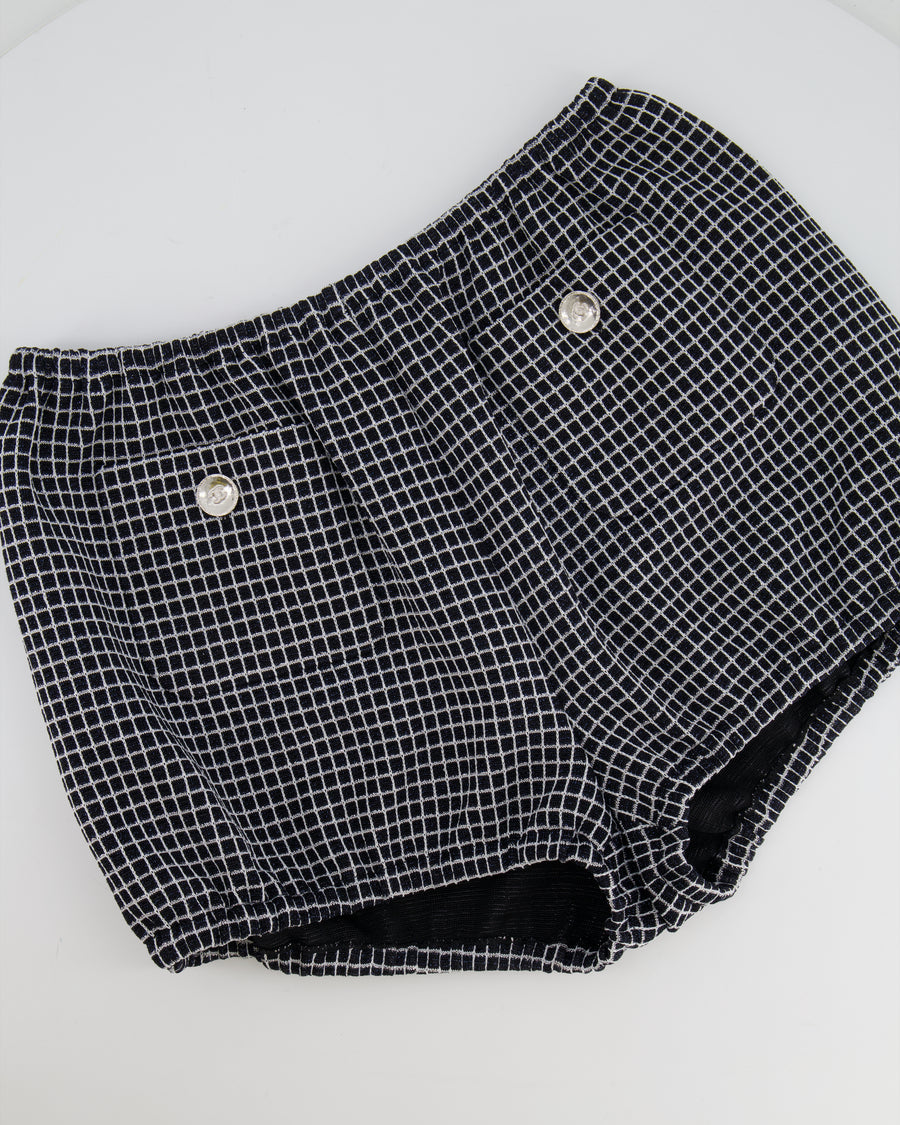 Chanel Black and White Checkered Micro Shorts with Silver Metallic Details and Silver CC Logo Buttons Size FR 36 (UK 8)