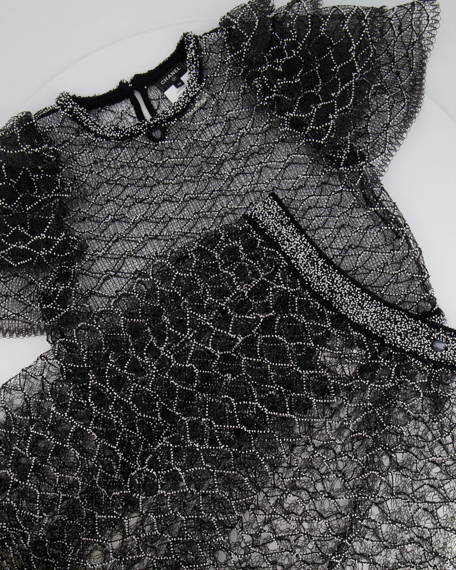 Chanel Spring 2018 Black and Pearl Metallic Caged Top and Skirt Set Size FR 34 (UK 6)