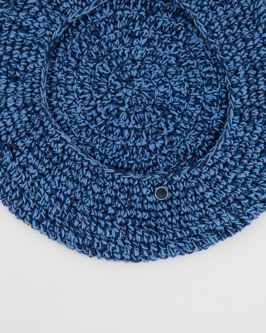 Hermès Light Blue and Navy Crochet Beret Hat with Logo Button Detail Size M