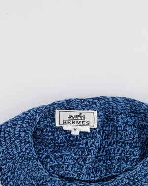 Hermès Light Blue and Navy Crochet Beret Hat with Logo Button Detail Size M