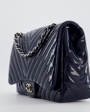 *FIRE PRICE* Chanel Navy Jumbo Classic Single Flap Bag in Chevron Patent Leather with Silver Hardware RRP £9,540