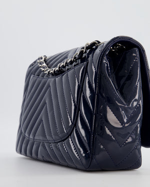 *FIRE PRICE* Chanel Navy Jumbo Classic Single Flap Bag in Chevron Patent Leather with Silver Hardware RRP £9,540