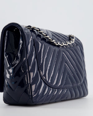 *FIRE PRICE* Chanel Navy Jumbo Classic Single Flap Bag in Chevron Patent Leather with Silver Hardware RRP £9,540