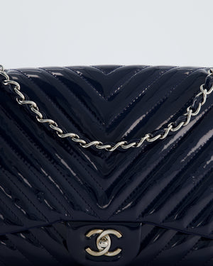 *FIRE PRICE* Chanel Navy Jumbo Classic Single Flap Bag in Chevron Patent Leather with Silver Hardware RRP £9,540