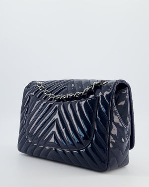 *FIRE PRICE* Chanel Navy Jumbo Classic Single Flap Bag in Chevron Patent Leather with Silver Hardware RRP £9,540