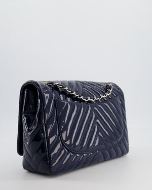 *FIRE PRICE* Chanel Navy Jumbo Classic Single Flap Bag in Chevron Patent Leather with Silver Hardware RRP £9,540