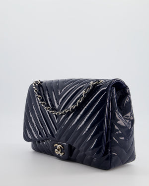 *FIRE PRICE* Chanel Navy Jumbo Classic Single Flap Bag in Chevron Patent Leather with Silver Hardware RRP £9,540