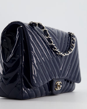 *FIRE PRICE* Chanel Navy Jumbo Classic Single Flap Bag in Chevron Patent Leather with Silver Hardware RRP £9,540