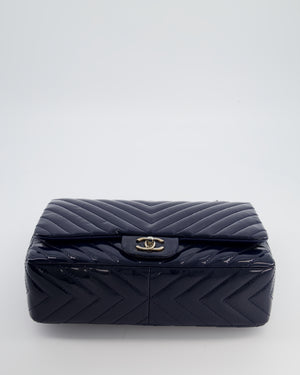 *FIRE PRICE* Chanel Navy Jumbo Classic Single Flap Bag in Chevron Patent Leather with Silver Hardware RRP £9,540