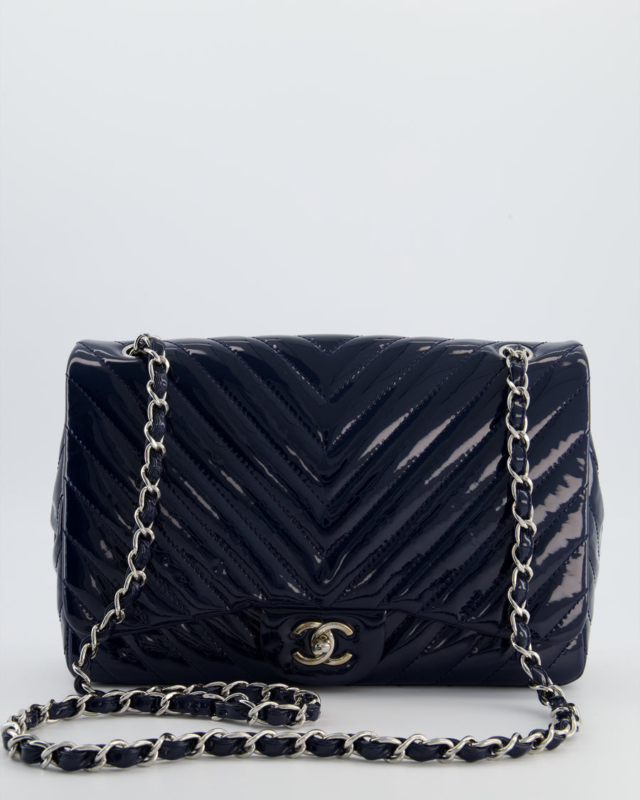 *FIRE PRICE* Chanel Navy Jumbo Classic Single Flap Bag in Chevron Patent Leather with Silver Hardware RRP £9,540