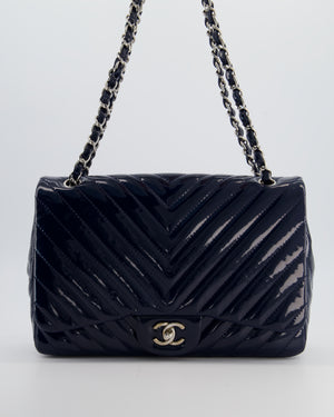 *FIRE PRICE* Chanel Navy Jumbo Classic Single Flap Bag in Chevron Patent Leather with Silver Hardware RRP £9,540