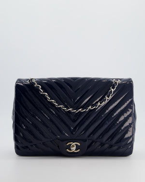 *FIRE PRICE* Chanel Navy Jumbo Classic Single Flap Bag in Chevron Patent Leather with Silver Hardware RRP £9,540