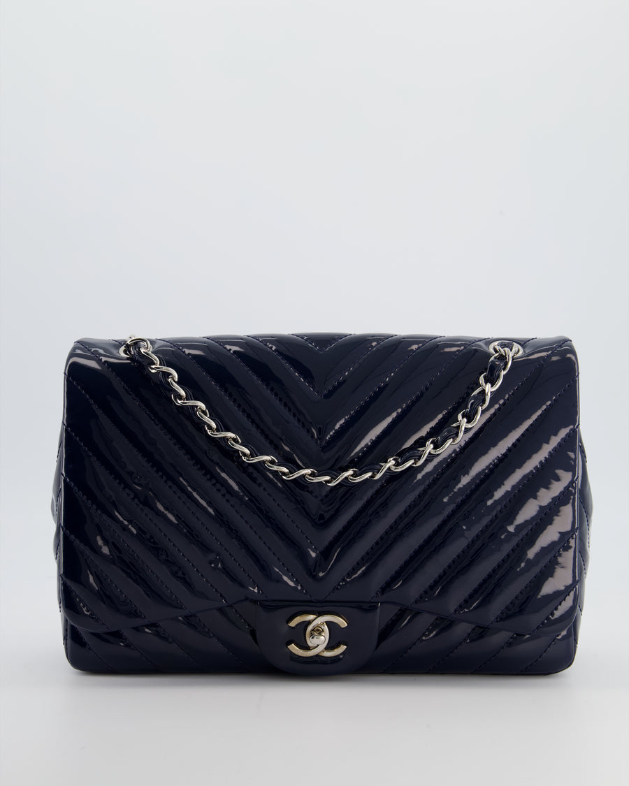 *FIRE PRICE* Chanel Navy Jumbo Classic Single Flap Bag in Chevron Patent Leather with Silver Hardware RRP £9,540