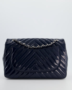 *FIRE PRICE* Chanel Navy Jumbo Classic Single Flap Bag in Chevron Patent Leather with Silver Hardware RRP £9,540