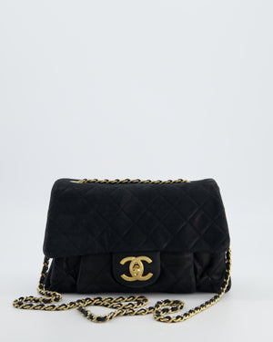Chanel Navy Small Quilted Flap Bag In Coated Shimmery Calfskin Leather with Antique Gold Hardware