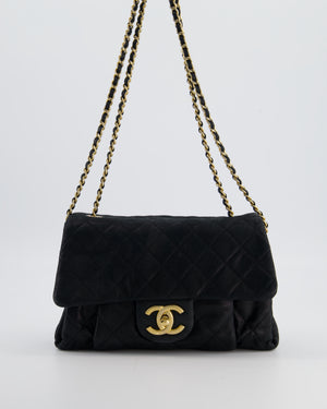 Chanel Navy Small Quilted Flap Bag In Coated Shimmery Calfskin Leather with Antique Gold Hardware