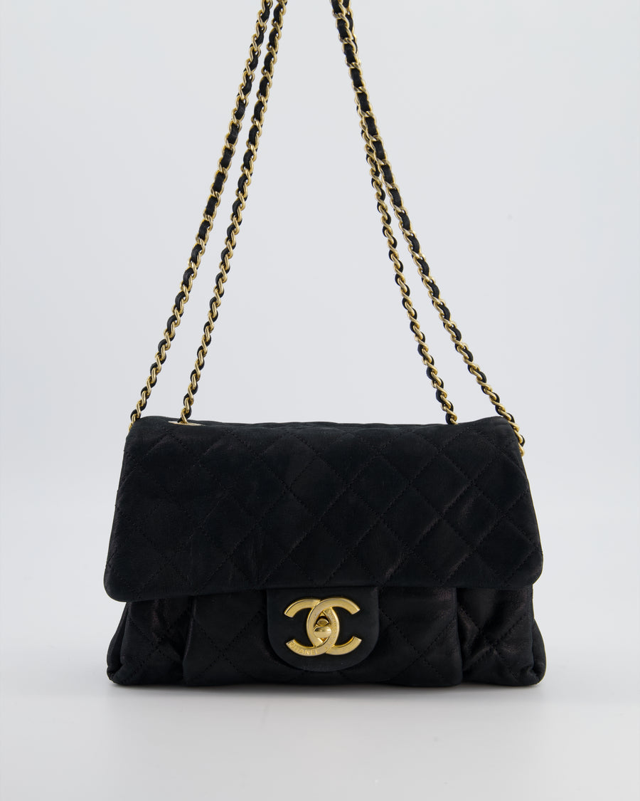 Chanel Navy Small Quilted Flap Bag In Coated Shimmery Calfskin Leather with Antique Gold Hardware