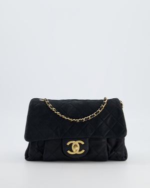Chanel Navy Small Quilted Flap Bag In Coated Shimmery Calfskin Leather with Antique Gold Hardware