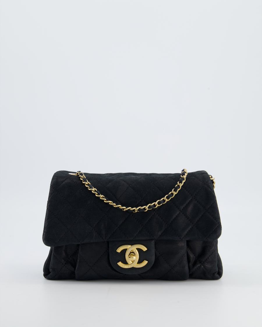 Chanel Navy Small Quilted Flap Bag In Coated Shimmery Calfskin Leather with Antique Gold Hardware