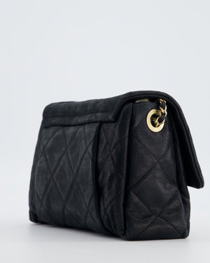 Chanel Navy Small Quilted Flap Bag In Coated Shimmery Calfskin Leather with Antique Gold Hardware