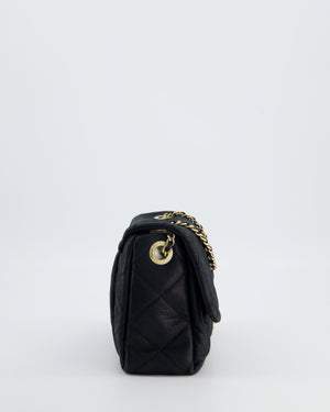 Chanel Navy Small Quilted Flap Bag In Coated Shimmery Calfskin Leather with Antique Gold Hardware