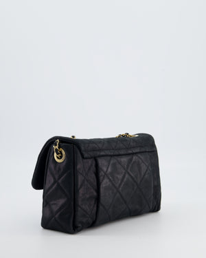 Chanel Navy Small Quilted Flap Bag In Coated Shimmery Calfskin Leather with Antique Gold Hardware