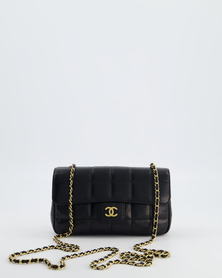 Chanel Black Vintage Mini Chocolate Bar Flap Bag In Lambskin Leather with Gold Hardware