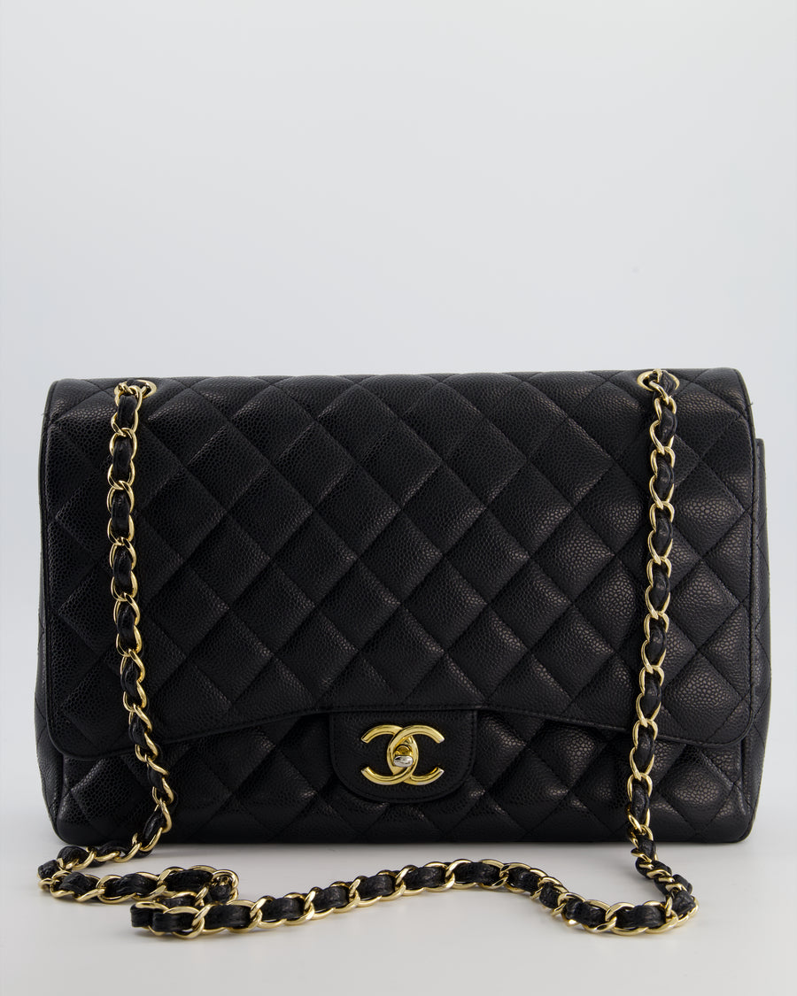 Chanel Black Maxi Classic Double Flap Bag in Caviar Leather with Gold Hardware