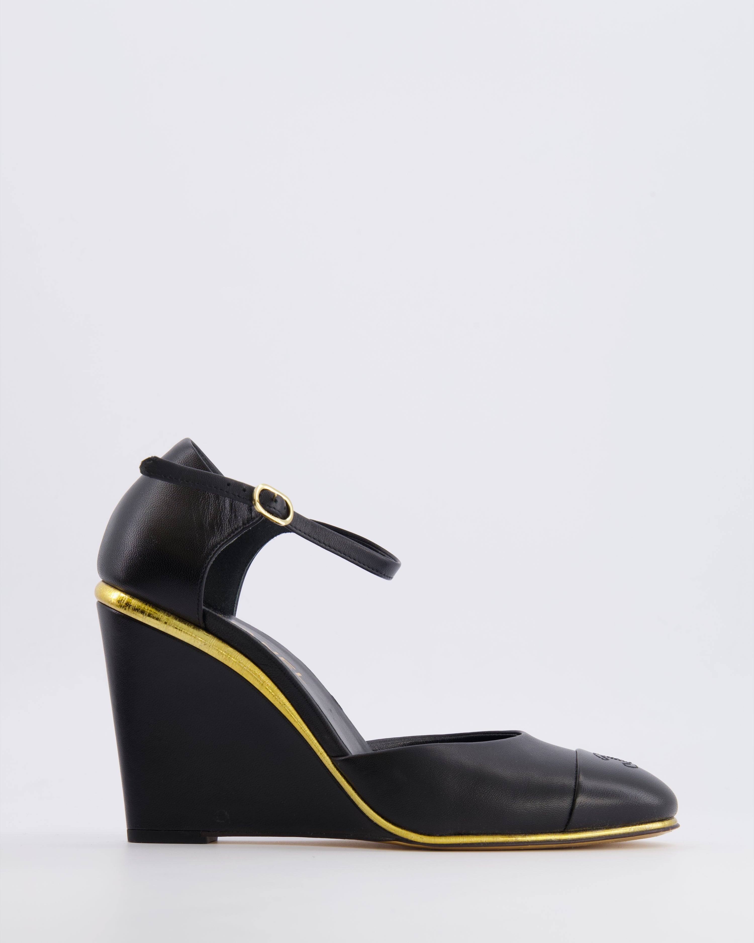 Chanel Black Leather Wedge Heels with CC Logo Detail and Gold