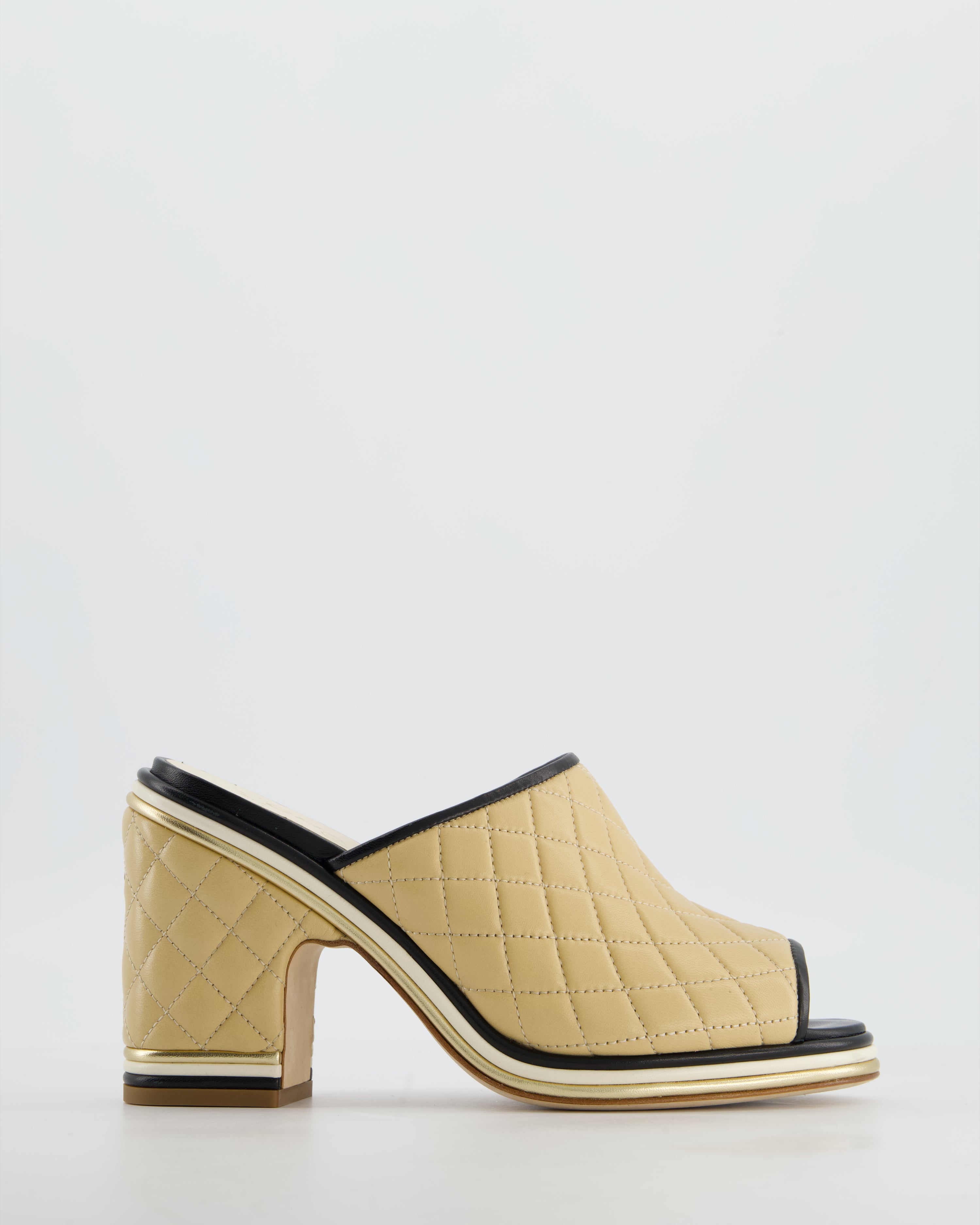 Chanel Beige and Black Quilted Leather Heel Mules with CC Black