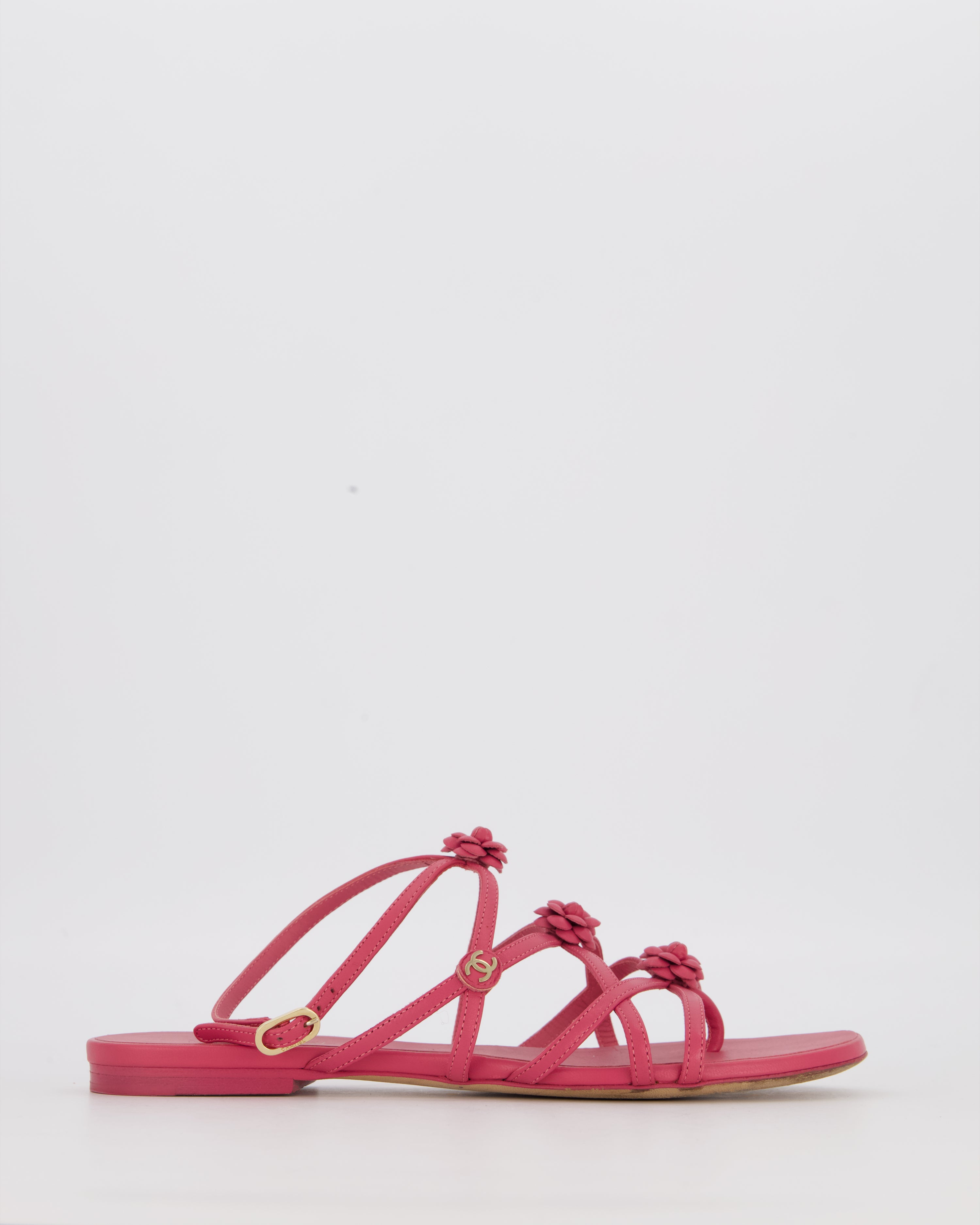 Chanel Magenta Leather Camellia Sandals with CC Logo Detail Size
