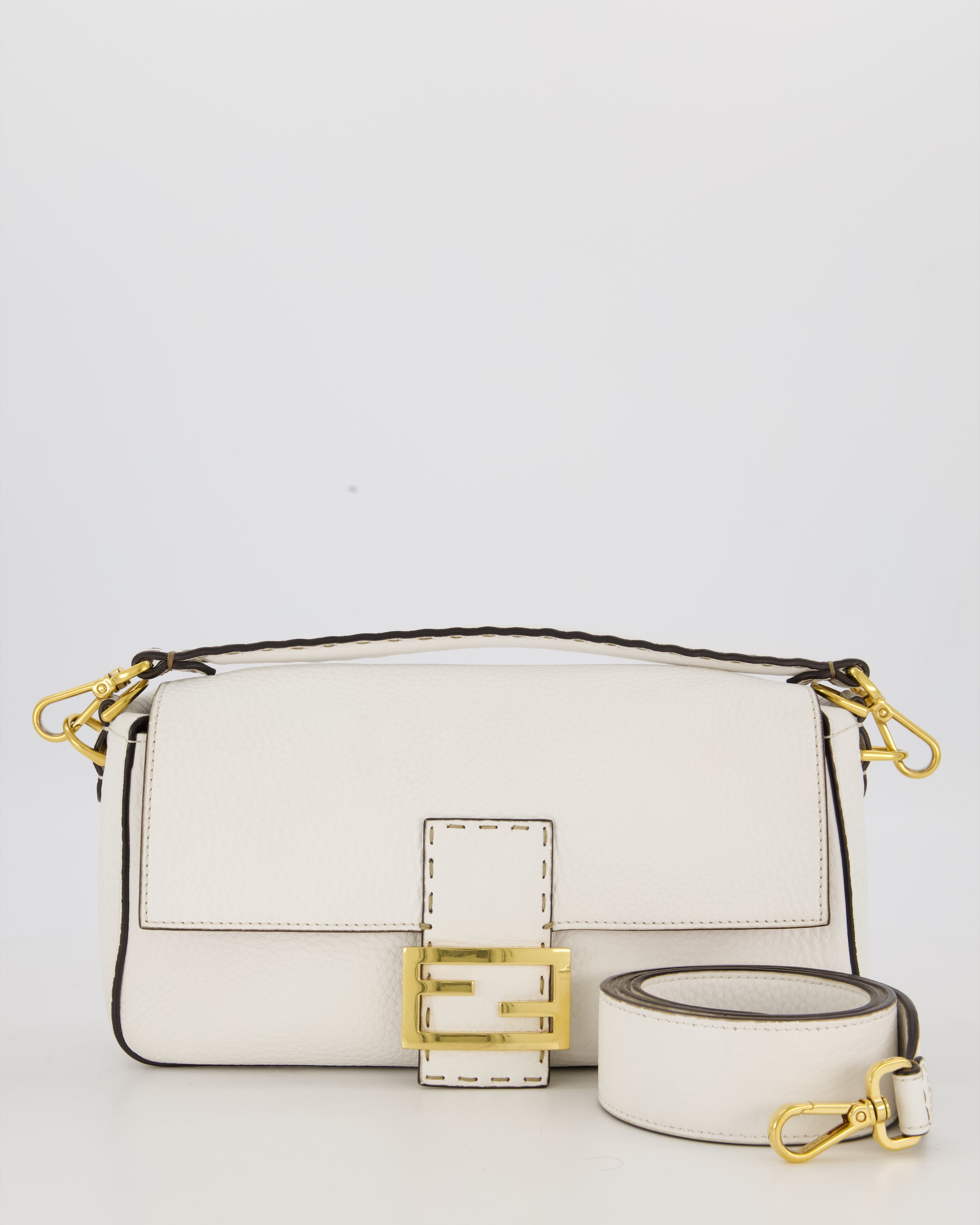Fendi White Baguette Medium Shoulder Bag in Calfskin Leather with