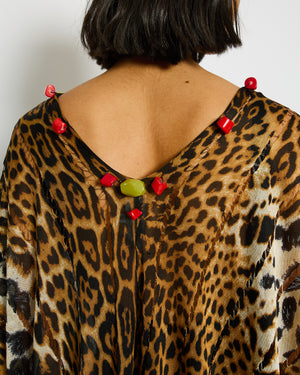 Yves Saint Laurent Brown Leopard Print Beach Cover Up with Stone Tassel Detail Size M (UK 10)