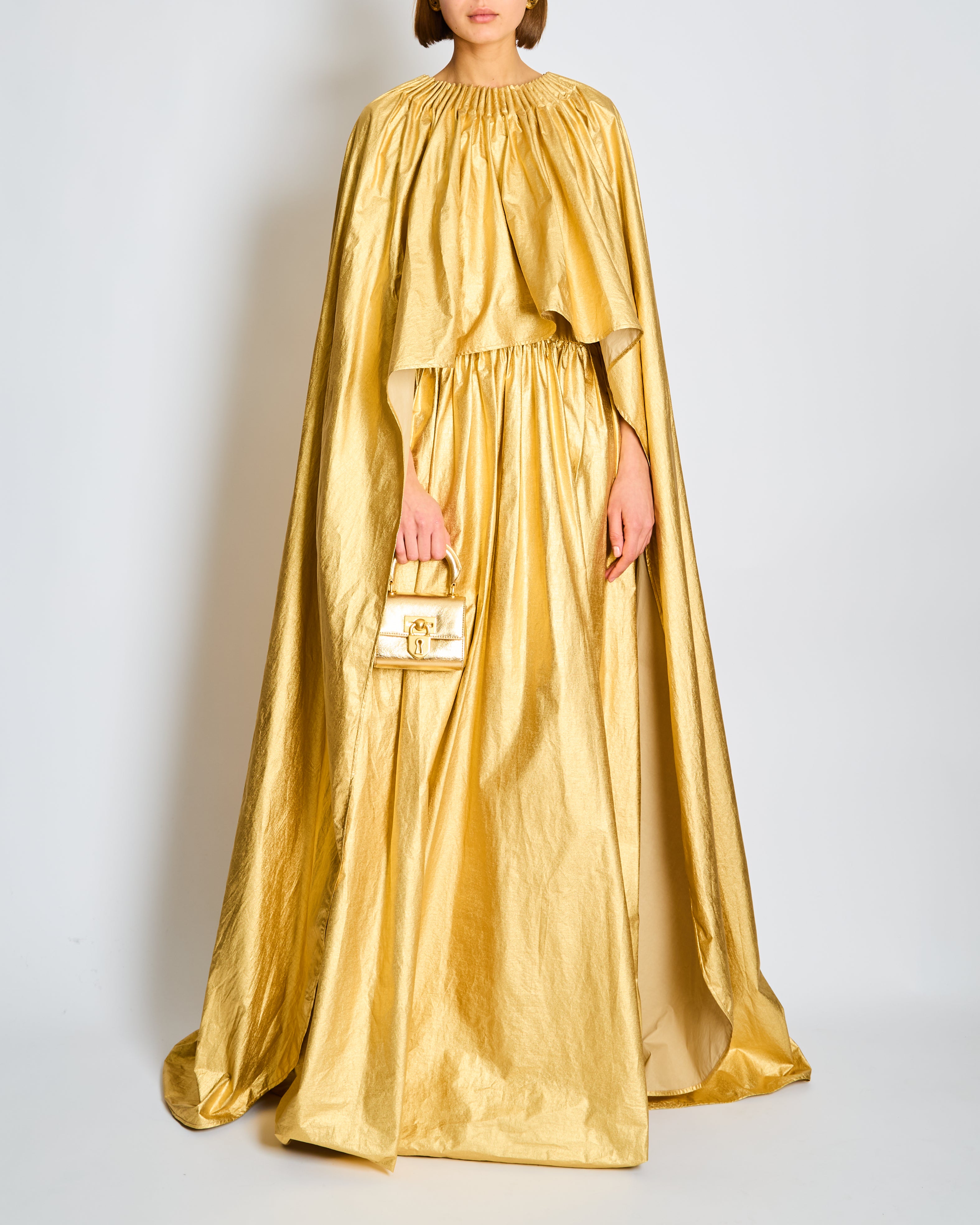 CURRENT SEASON* Schiaparelli Gold Ruched Metallic Maxi Cape Dress Siz –  Sellier