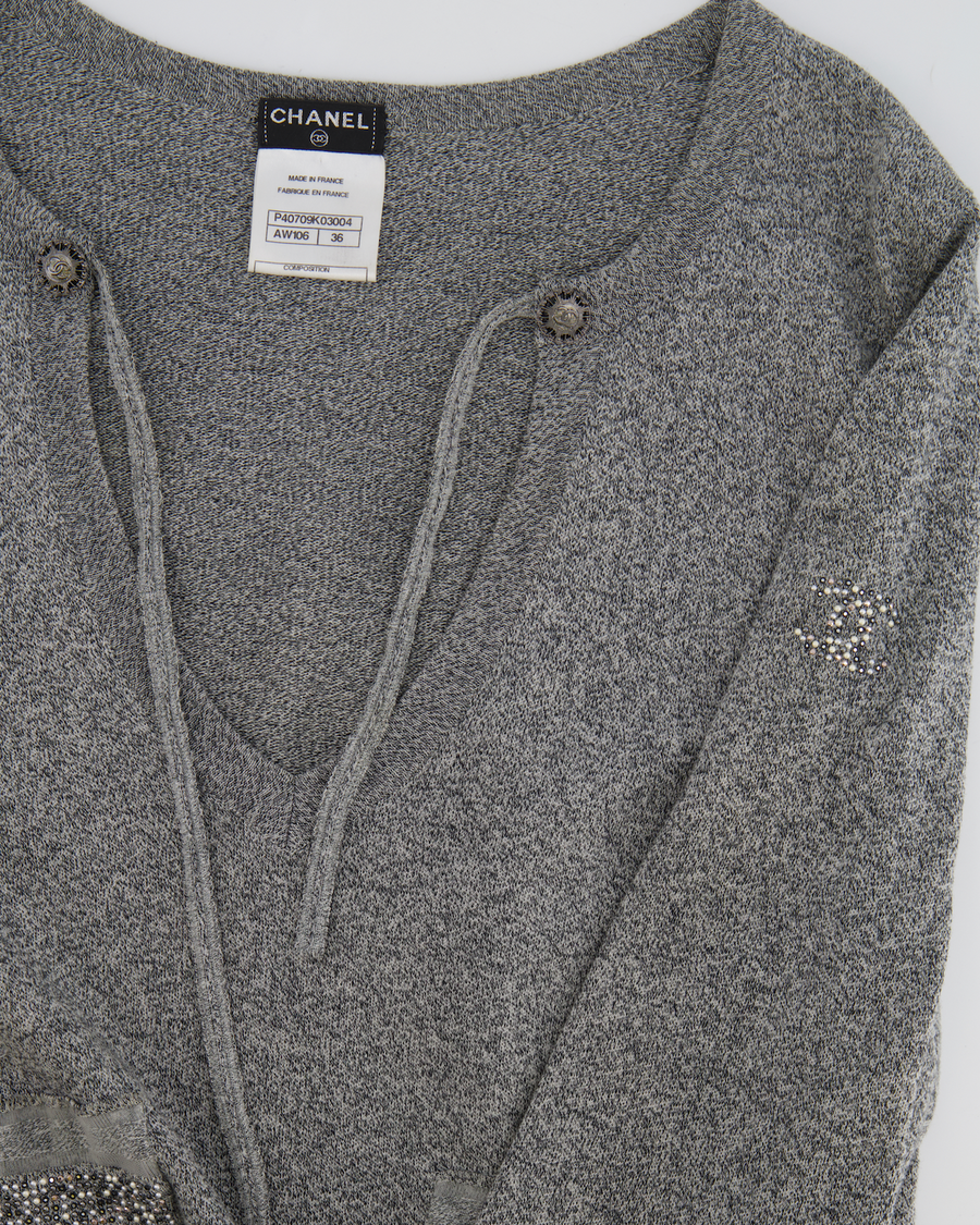 Chanel Grey Long-Sleeve Embellished Dress With CC Logo FR 36 (UK 8)