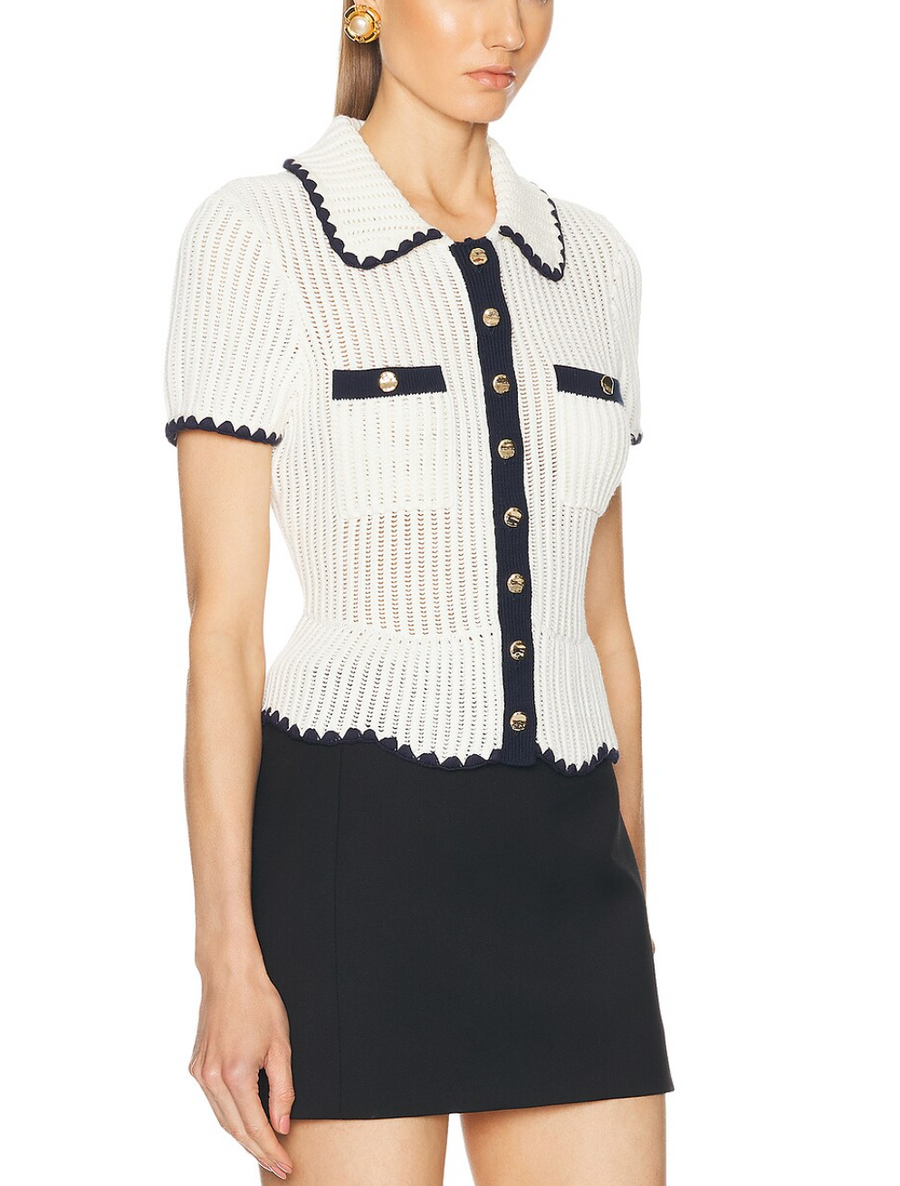 Self Portrait Cream Knit Top with Navy Trim Detail and Gold Buttons Size S (UK 8) RRP £285