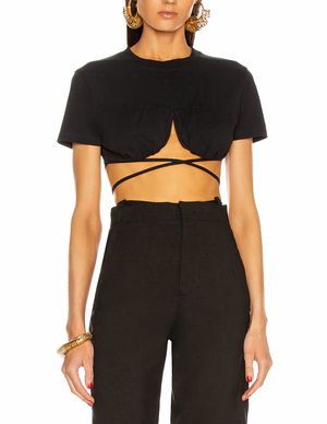 Jacquemus Black Cropped Le T-Shirt Baci with Strings Detail Size M (UK 10)