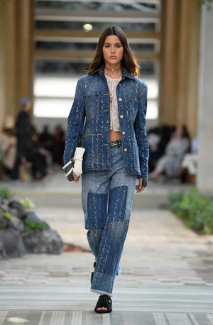 Chanel Métiers d'Art 2023 Denim Patchwork Jeans with Pink, Silver and Black Micro Sequin Details and Silver CC Logo Button Size FR 34 UK 6