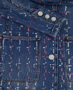 Chanel Métiers d'Art 2023 Denim Jacket with Pink and Silver Micro Sequin Details and Silver CC Logo Buttons Size FR 36 (UK 8)